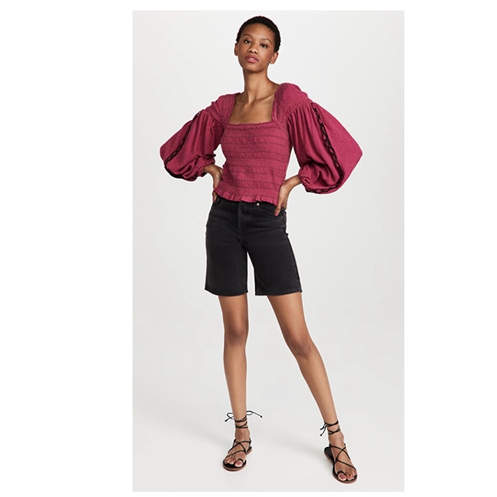 Free People Maggie Embroidered balloon sleeves Top in Rose Color